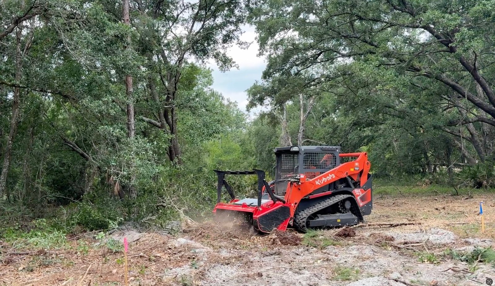 Kubota SVL75-3 high flow skid steer with RM60 forestry mulcher clearing dense vegetation on a lot in Lake County Florida
